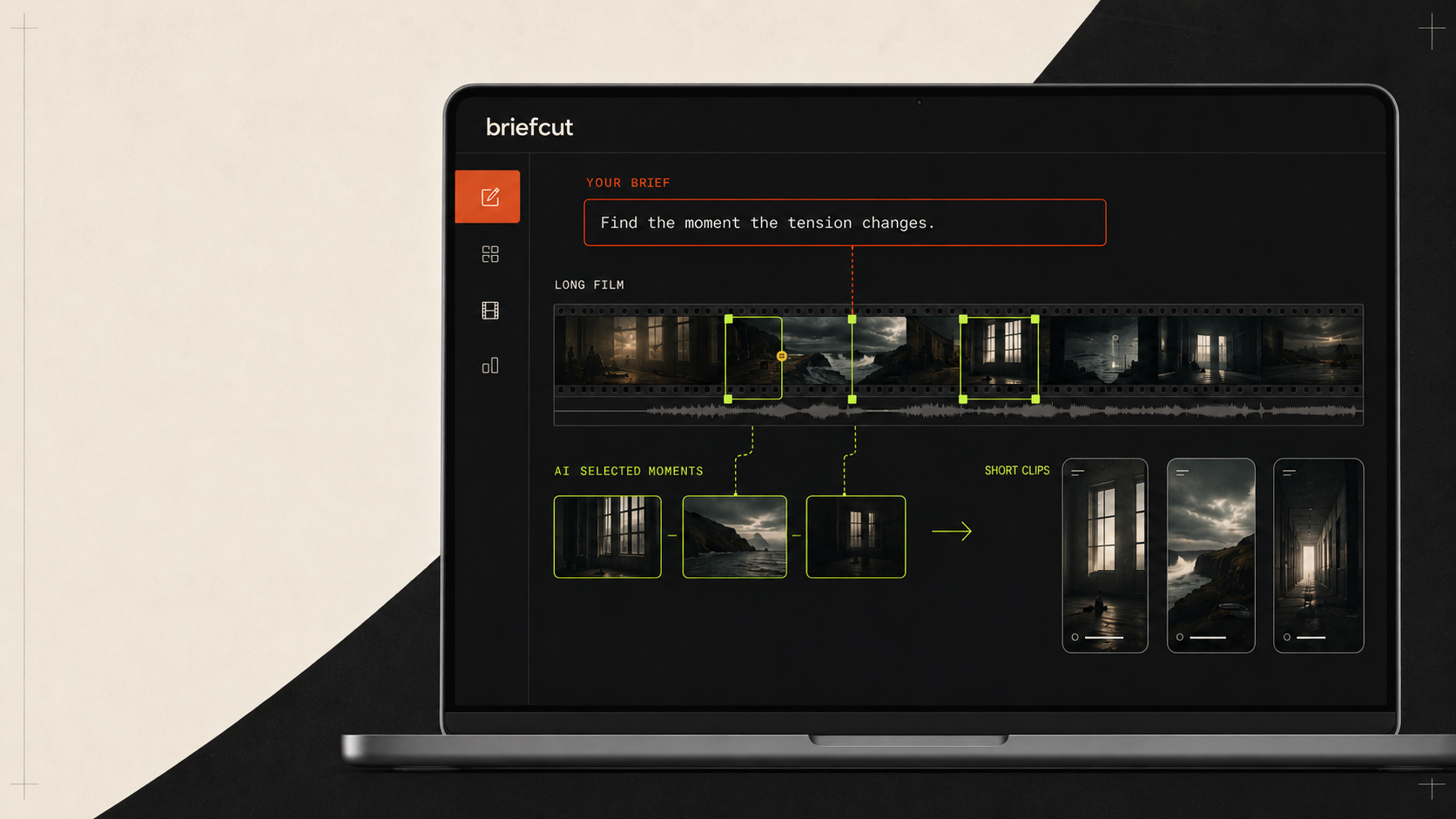 BriefCut workspace showing a human prompt selecting meaningful moments from a long film and turning them into short clips