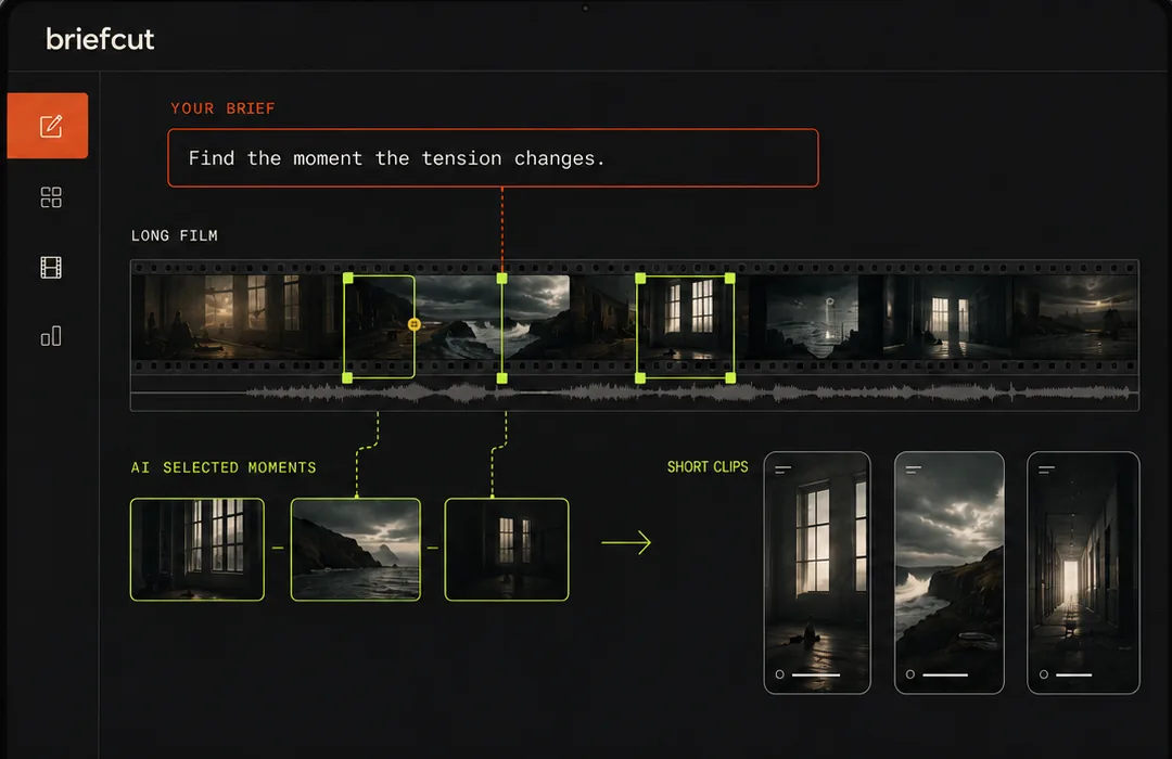 BriefCut workspace showing a human prompt selecting meaningful moments from a long film and turning them into short clips